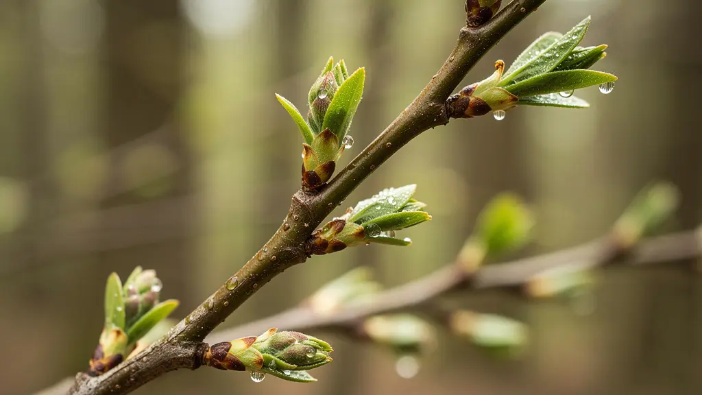 Bourgeons printaniers éclosant sur une branche avec gouttes de rosée gemmothérapie