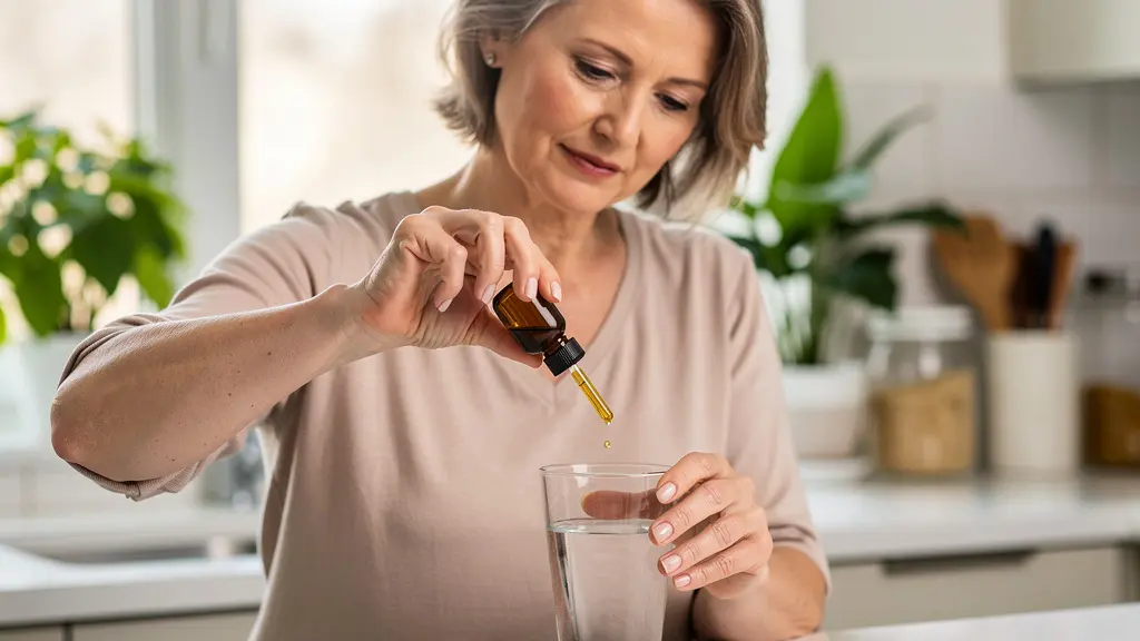Femme versant des gouttes de macérat de bourgeon gemmothérapie dans un verre d'eau le matin