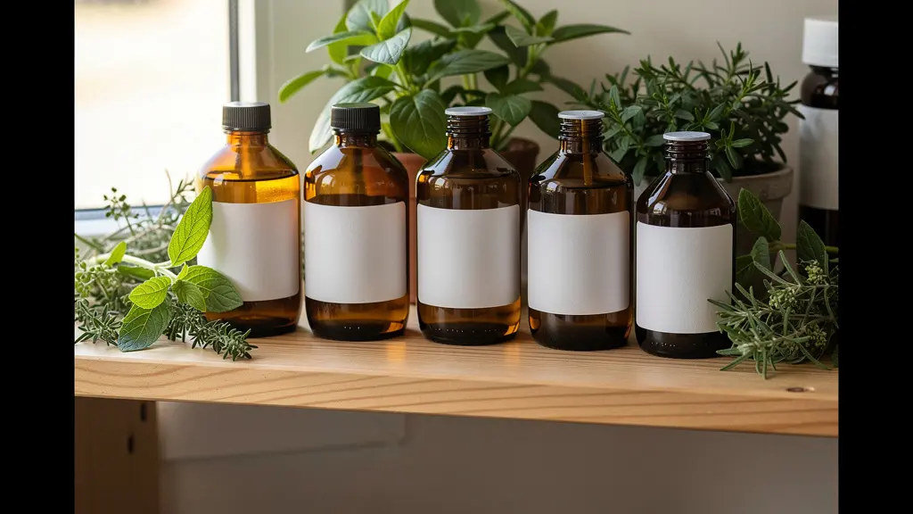 Flacons de macérats de bourgeons ambrés sur étagère en bois herboristerie naturelle