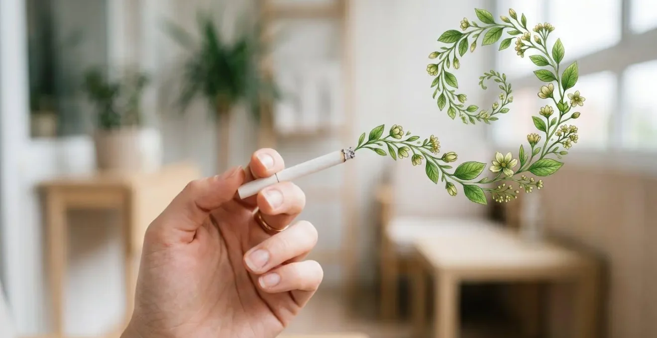 Main tenant une cigarette dont la fumée se transforme en feuilles vertes