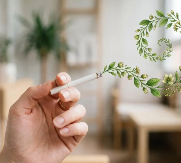 Main tenant une cigarette dont la fumée se transforme en feuilles vertes