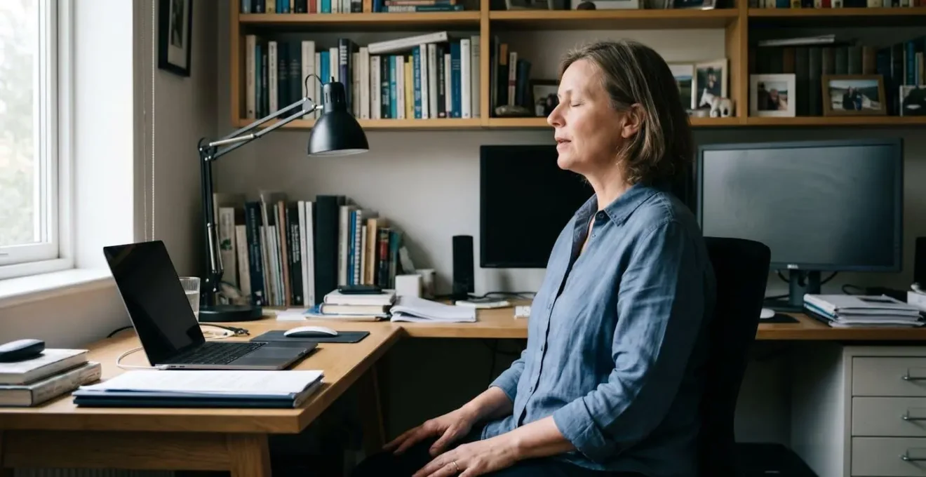 Personne assise les yeux fermés pratiquant la respiration lors d'une pause